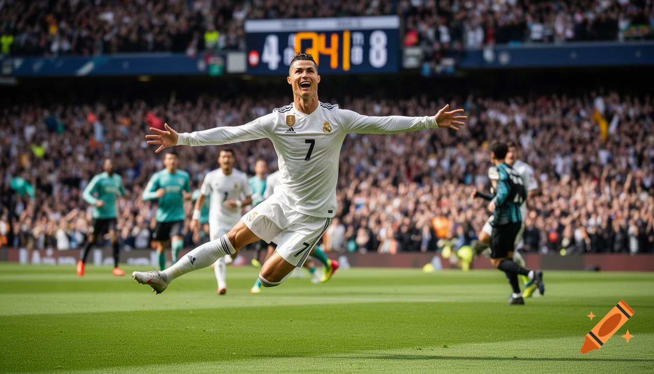 Photorealistic image of soccer player Cristiano Ronaldo celebrating a goal, leaping with arms outstretched on a field.