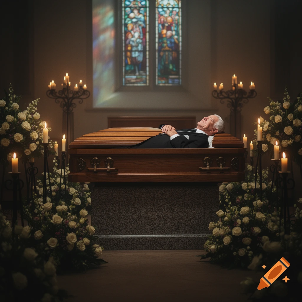 A solemn funeral scene with an elderly man lying peacefully in an open wooden coffin, surrounded by white flowers and lit candles in a church.