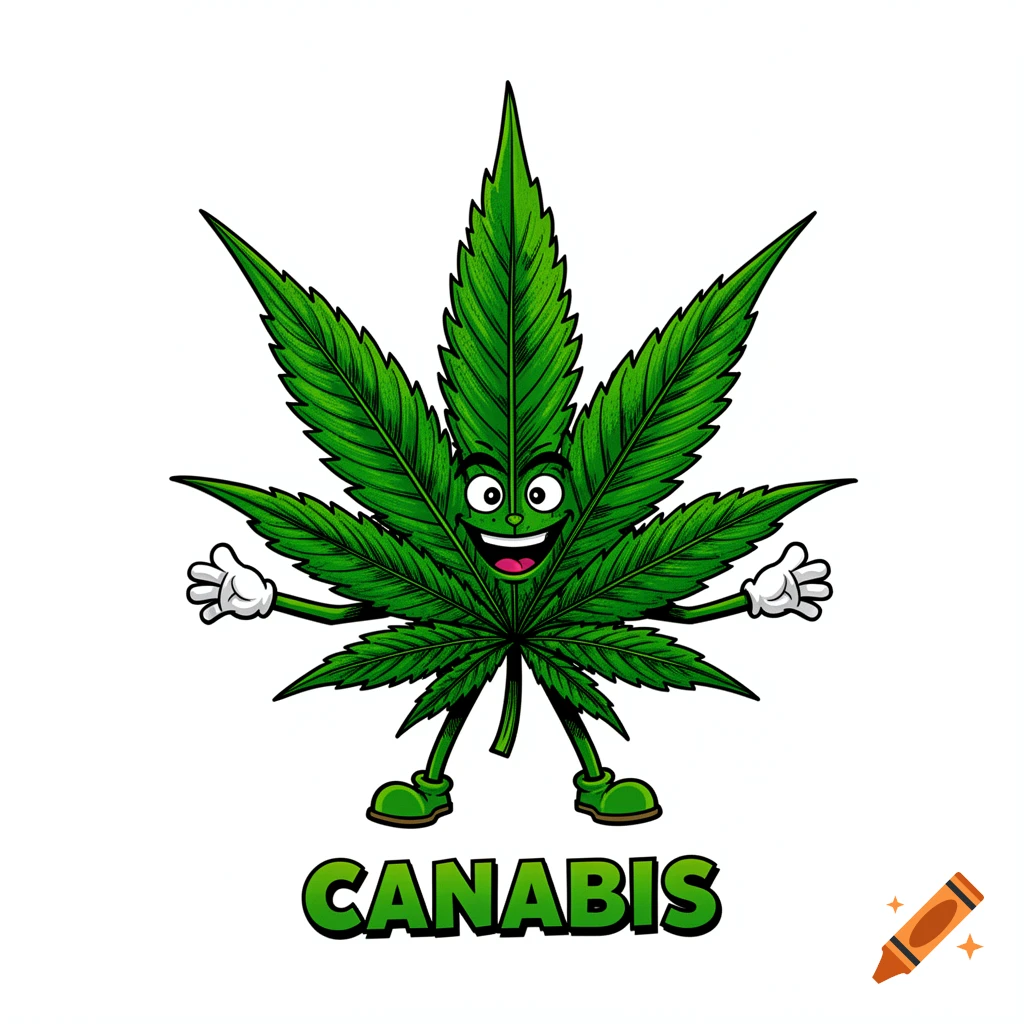 A cheerful cartoon cannabis leaf character with arms, hands, legs, and shoes, with the word 'CANABIS' below it, on a white background.