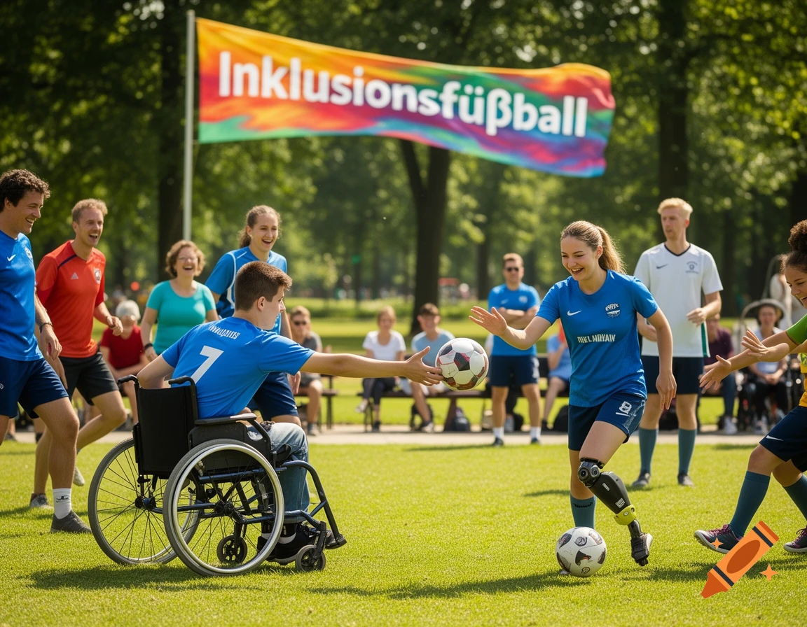 A group of diverse people playing soccer on a grassy field, including players in a wheelchair and with a prosthetic leg, under a banner that reads 'Inklusionsfußball'.