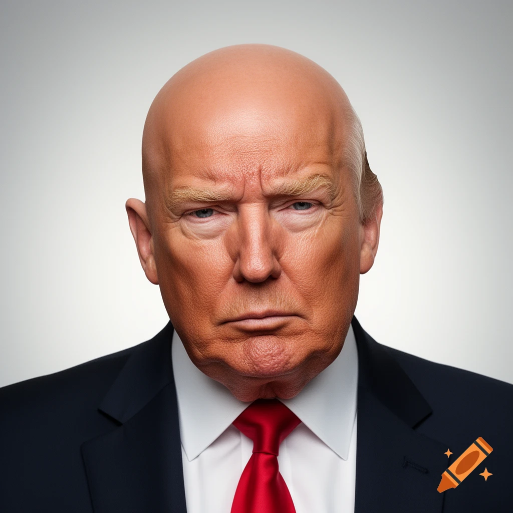 Photorealistic portrait of a bald Donald Trump looking directly at the viewer, wearing a suit and red tie.