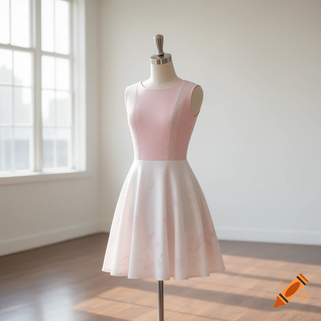 A light pink and white short dress on a mannequin in a brightly lit room with a large window.