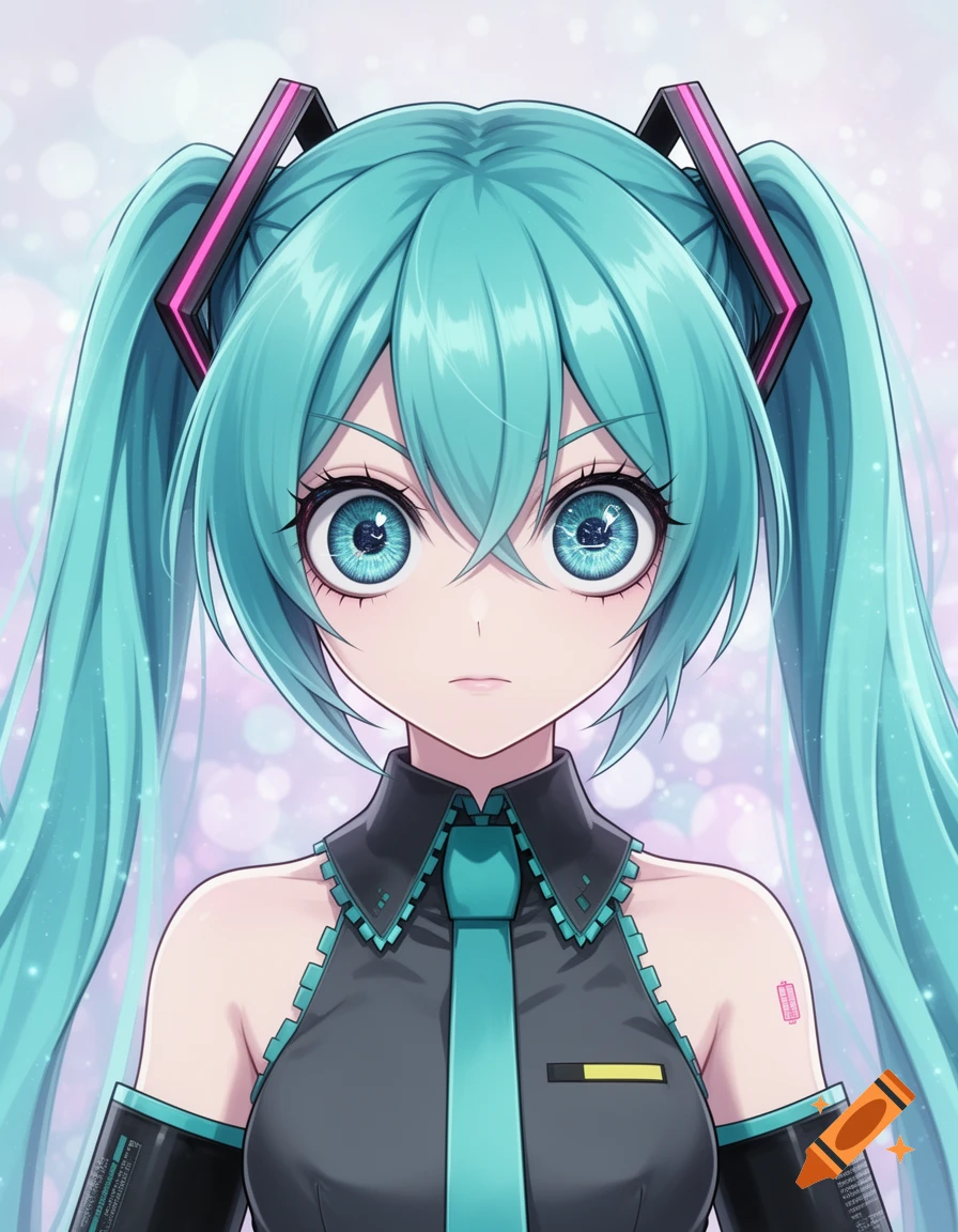 Anime portrait of Hatsune Miku with large blue eyes and turquoise pigtails, wearing her signature black and teal outfit.