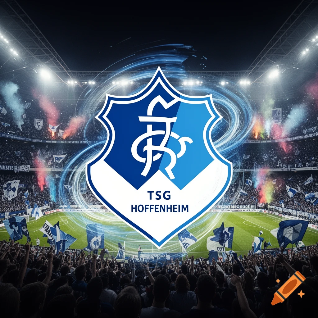 A TSG Hoffenheim football club logo overlaid on a vibrant, packed stadium at night, with fans waving flags and flares.