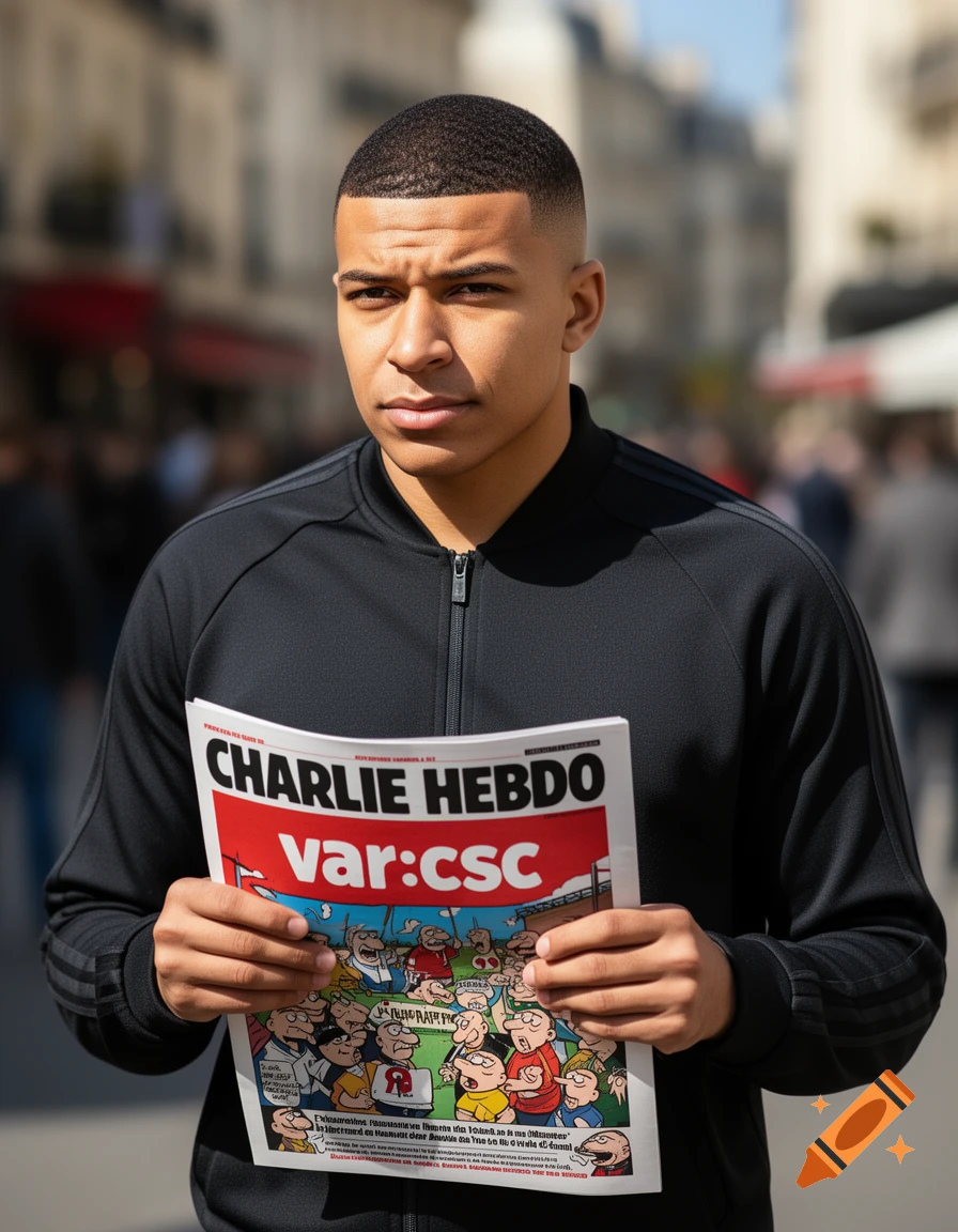 Photorealistic portrait of a man resembling Kylian Mbappé holding a "Charlie Hebdo" newspaper with "var:CSC" on the cover, in a city street.