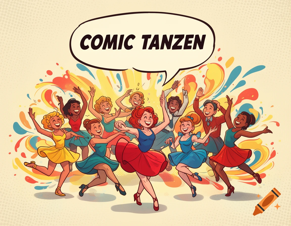 A group of diverse women joyfully dancing in a vibrant comic art style, with a speech bubble above them reading 'COMIC TANZEN'.