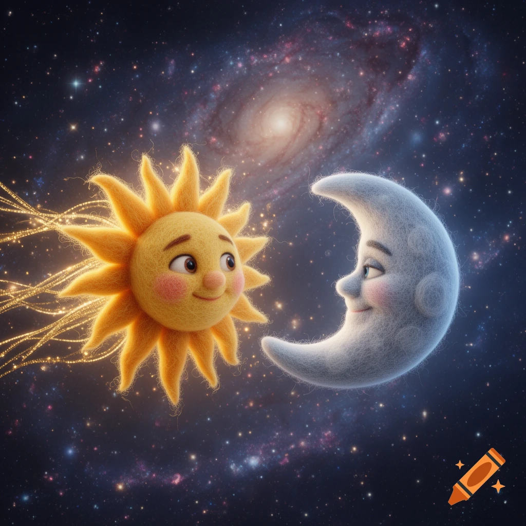 Cute wool felt sun and moon characters with rosy cheeks facing each other in a glowing galaxy background.