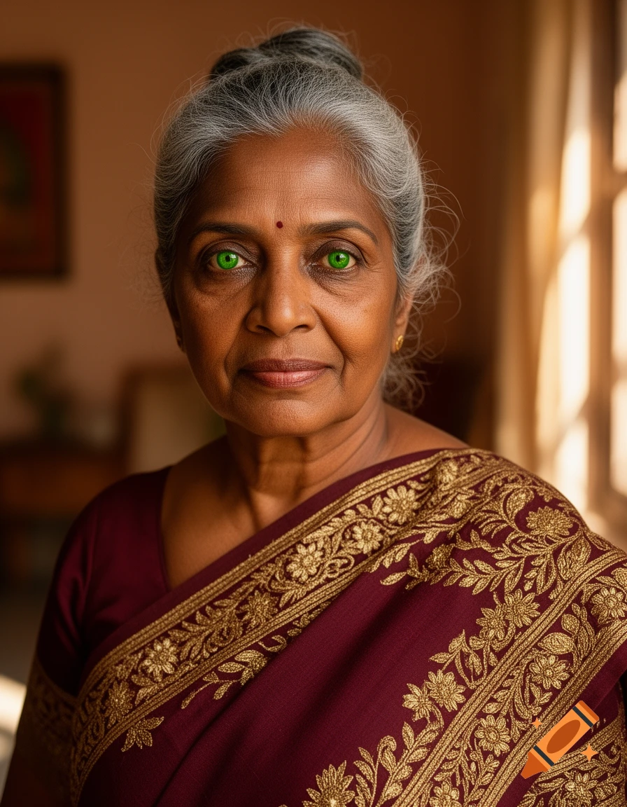 A close-up portrait of an older Indian woman with gray hair and striking green eyes, wearing a traditional embroidered sari.
