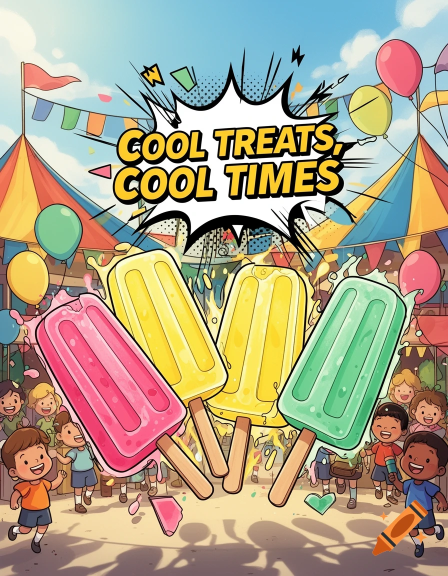 Cartoon of children at a school fair with giant fruit popsicles and a banner saying 'COOL TREATS, COOL TIMES'.