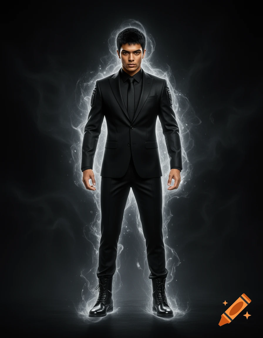 Full-body photorealistic image of a serious man in a black suit and boots, glowing with a white aura against a dark background.