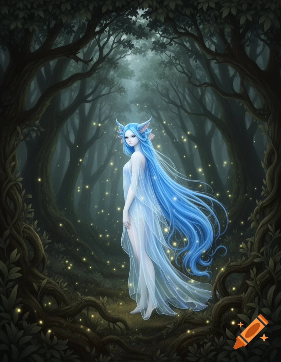 A serene blue-haired fantasy woman in a translucent gown stands in a dark, enchanting forest with glowing fireflies.