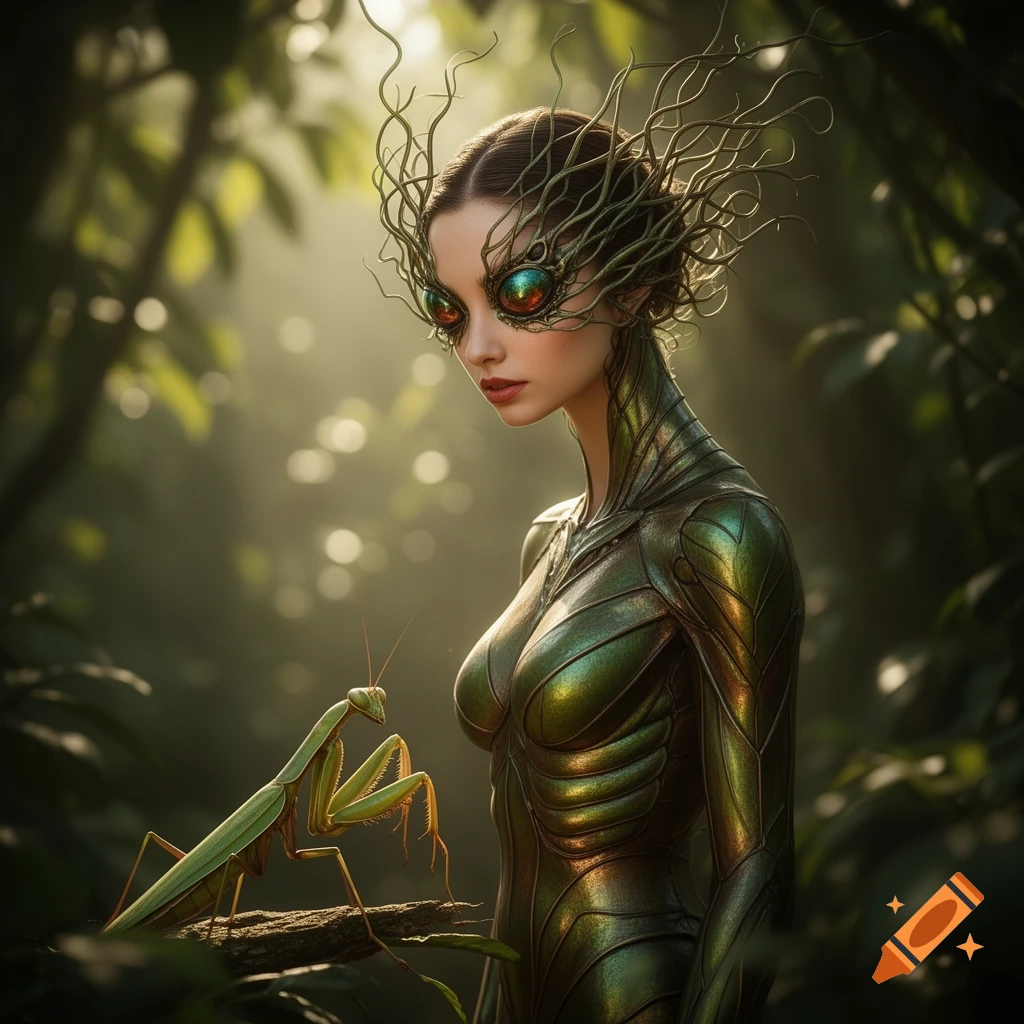 A green mantis-woman with large insectoid eyes and tendrils looks at a praying mantis on a branch in a lush, sunlit forest.