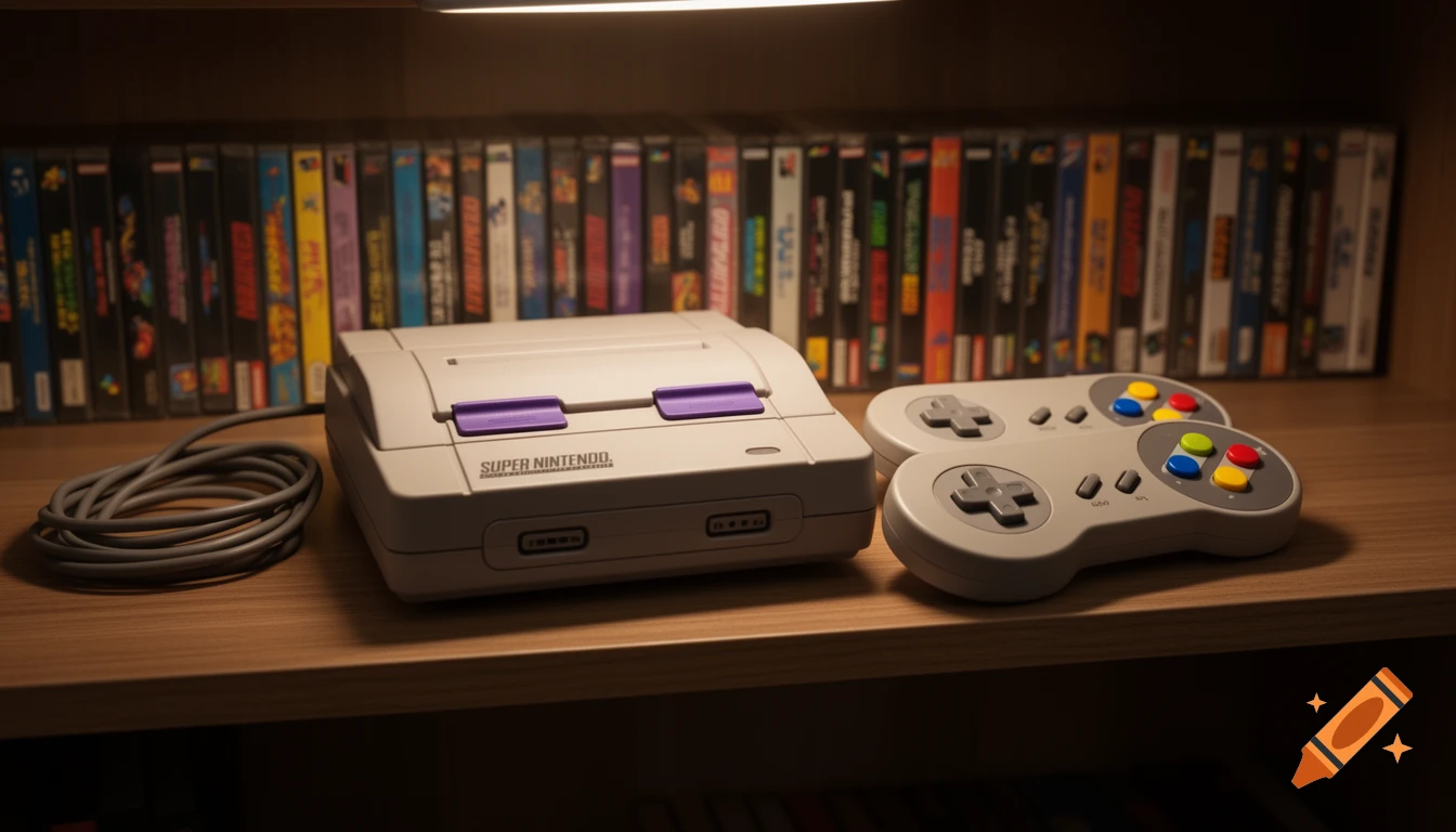 A Super Nintendo console, two controllers, and a coiled cable sit on a wooden shelf in front of a row of blurred game cases.
