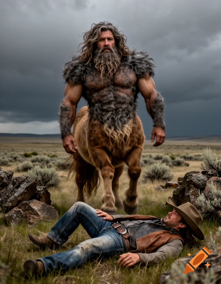 A hairy, bearded centaur with a muscular, furry torso stands over a cowboy lying on the ground in a grassy, rocky field under a stormy sky.