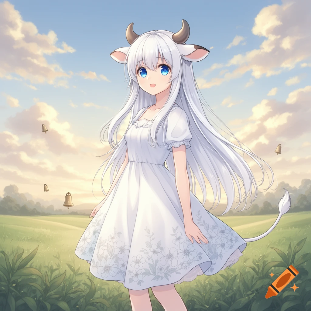 Anime cow kemonomimi girl with white hair and blue eyes, wearing a white dress, stands in a grassy field with floating bells under a cloudy sky.