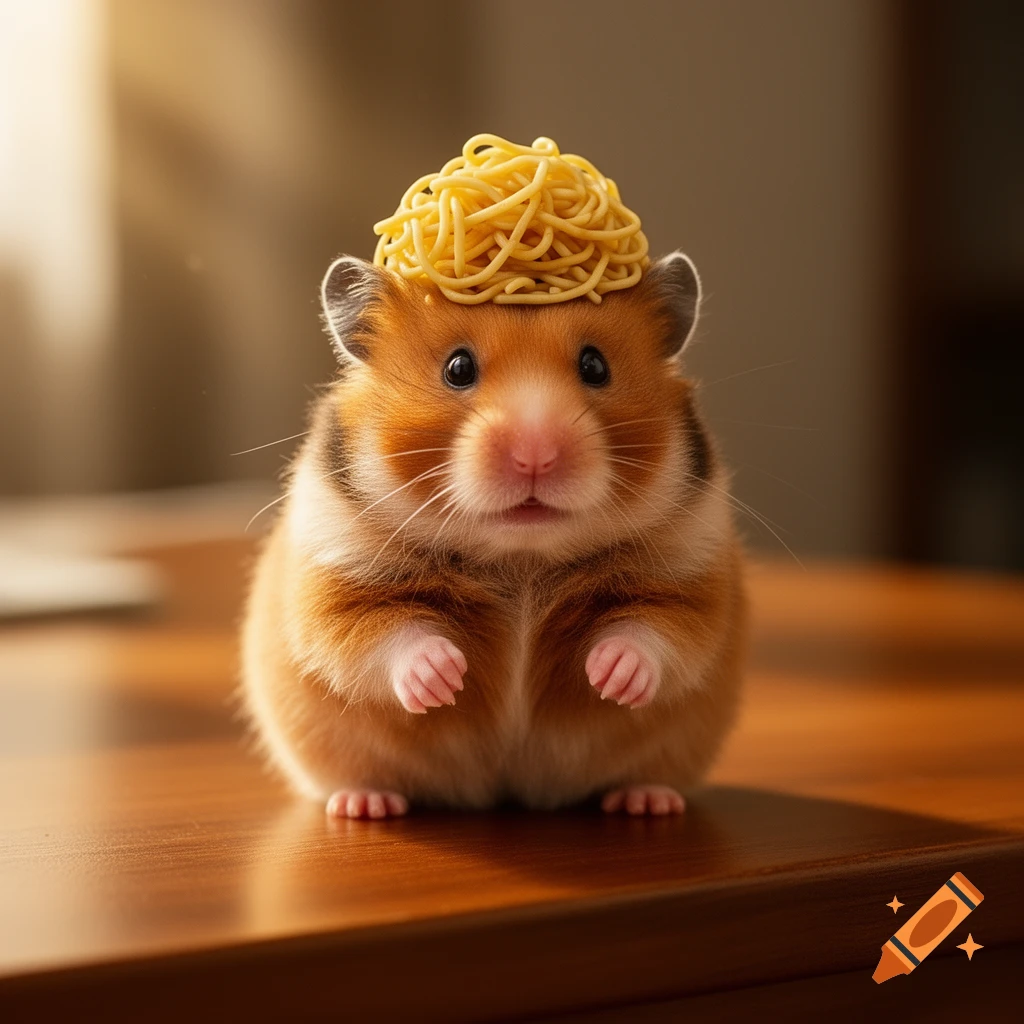 A cute, fluffy hamster with a small pile of yellow spaghetti noodles on its head, sitting on a wooden table.