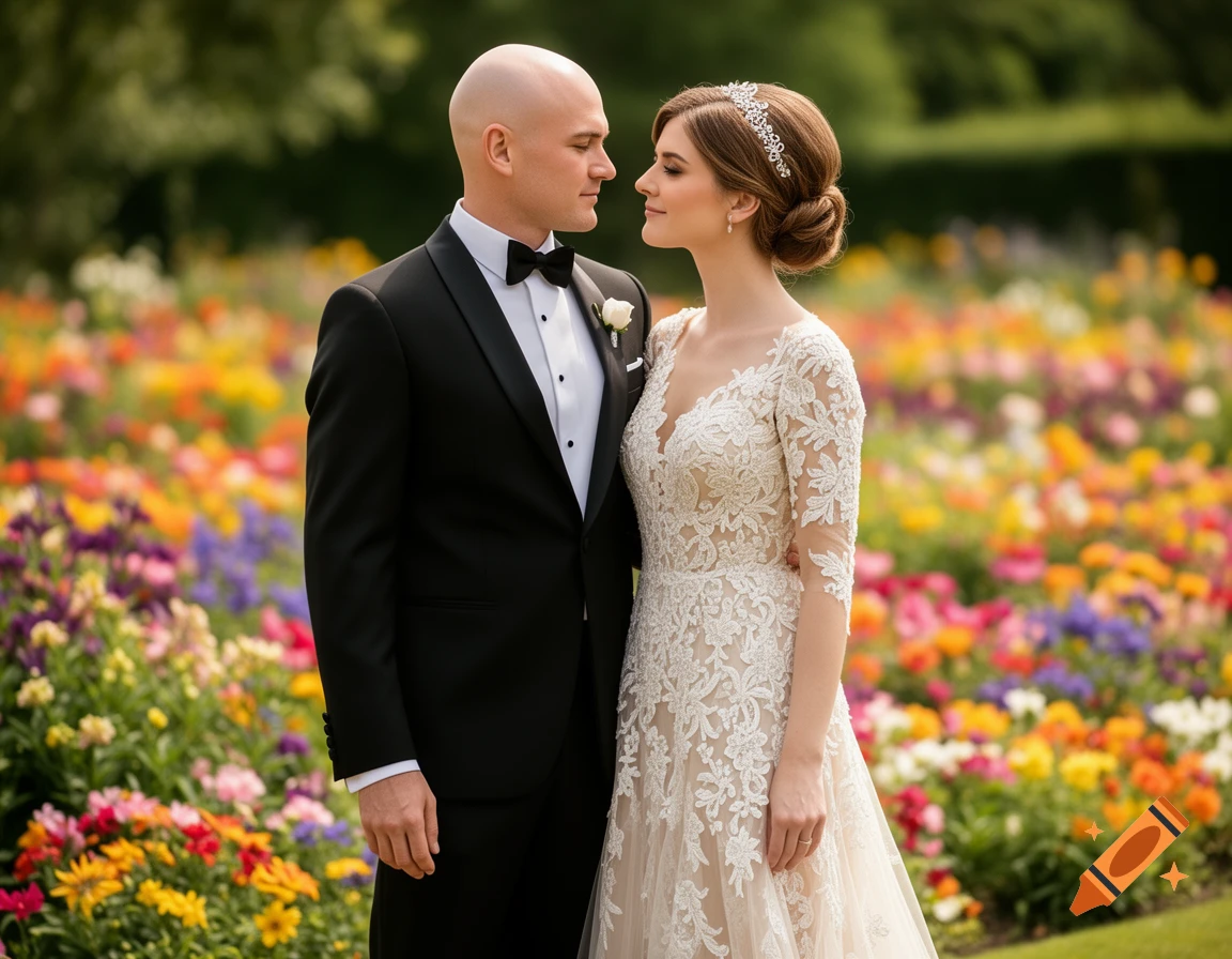 Photorealistic image of a bald groom in a tuxedo and a bride in a white lace dress, looking at each other in a vibrant flower garden.