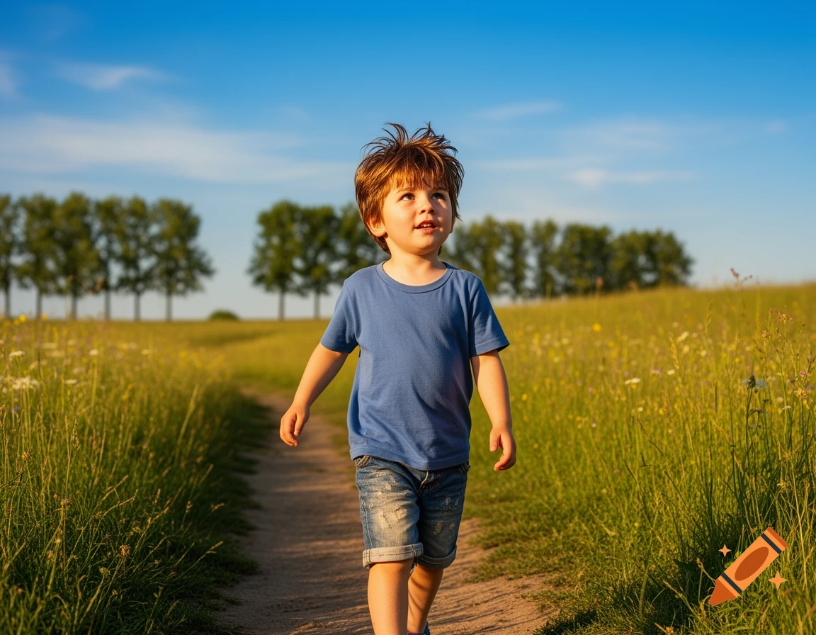 A young boy with tousled hair in a blue shirt walks on a dirt path through a sunny green field with distant trees.