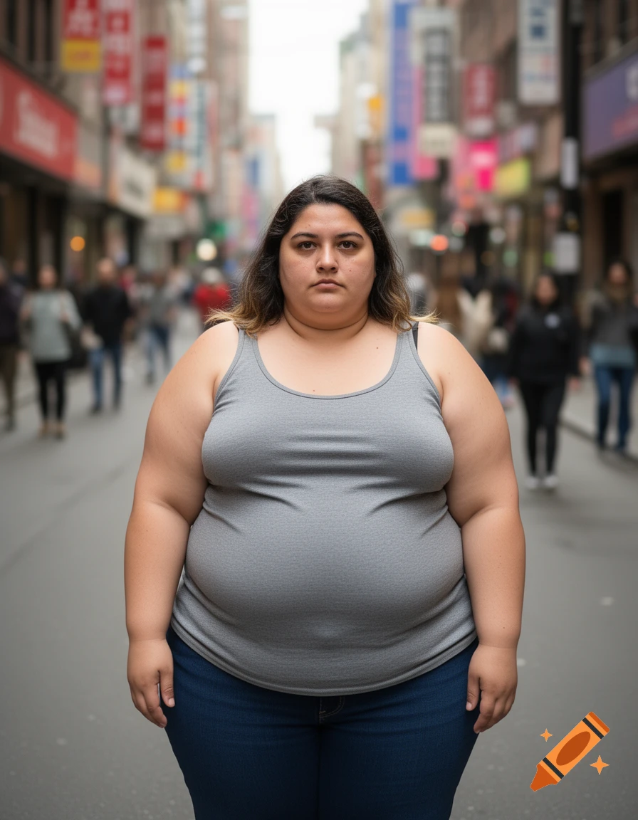 A full-body candid photo of an overweight woman in a gray tank top and jeans standing on a city street.