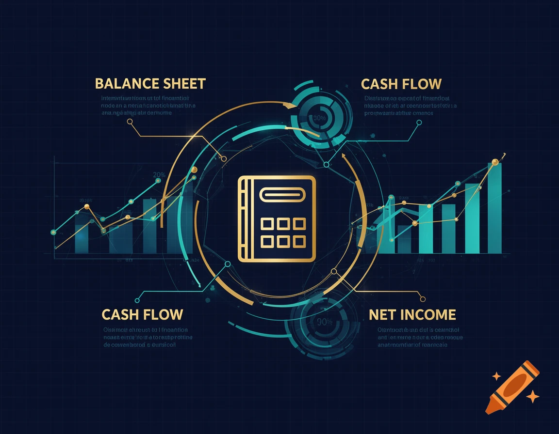 A dark blue infographic displaying financial data with a central golden accounting book icon, charts, and text labels for Balance Sheet, Cash Flow, and Net Income.
