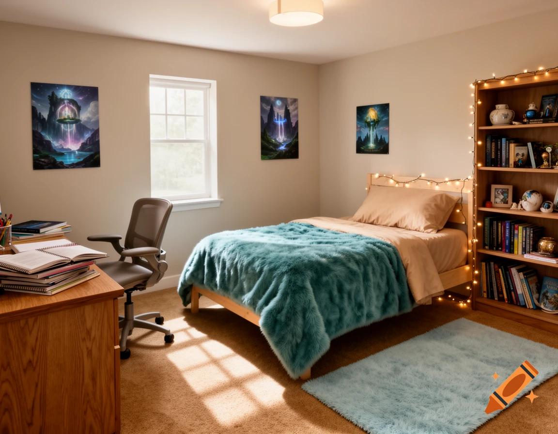 A cozy bedroom with a wooden bed, blue furry blanket, and a matching rug. A desk with books and an office chair sits by a window. A bookshelf with fairy lights holds books and decor. Three fantasy art posters hang on the wall.