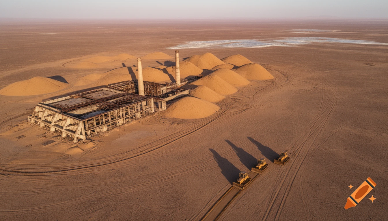 An aerial view of an abandoned industrial complex partially buried by sand dunes in a vast desert, with several bulldozers nearby.