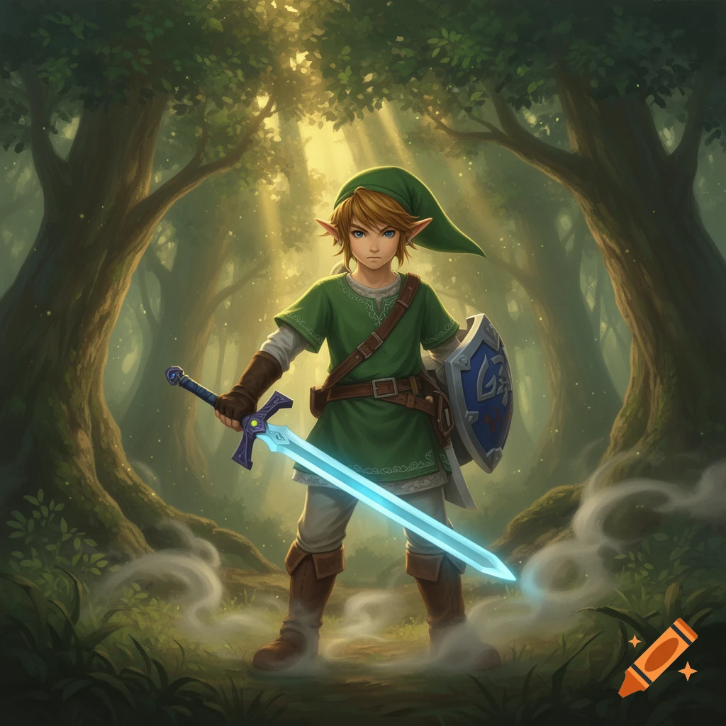 Link from Zelda in a sun-dappled forest, holding a glowing sword and shield, facing forward.