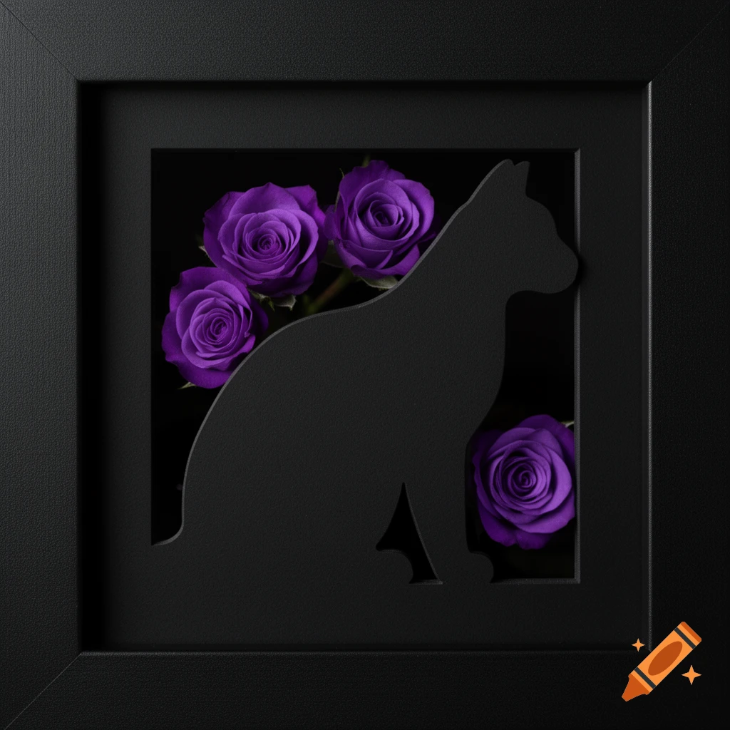 A black cat silhouette is cut out from a dark background, revealing vibrant purple roses behind it, all encased in a textured black frame.