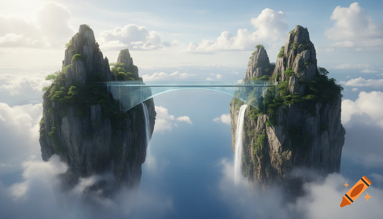 A majestic glass bridge connects two floating, tree-covered mountains with waterfalls, surrounded by clouds.