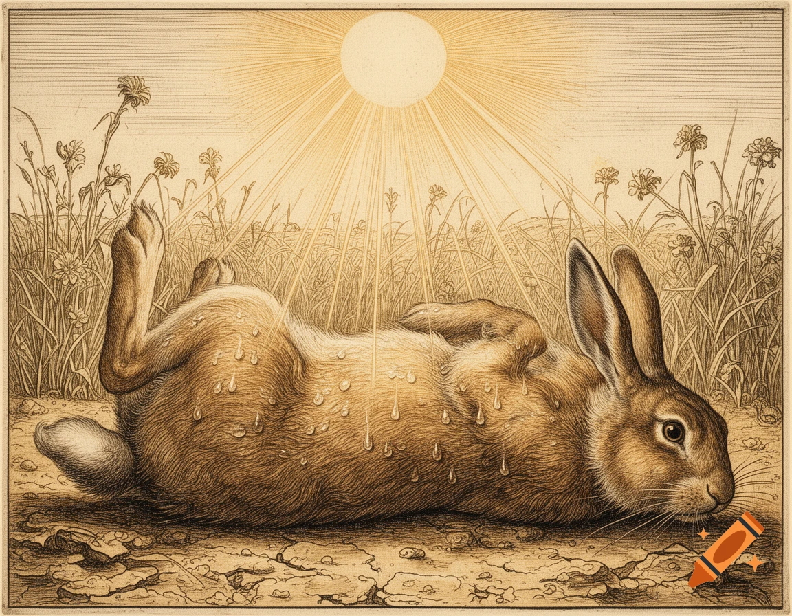 An engraving in Durer's style of a hare lying on its back in tall grass, sweating under a radiating sun.