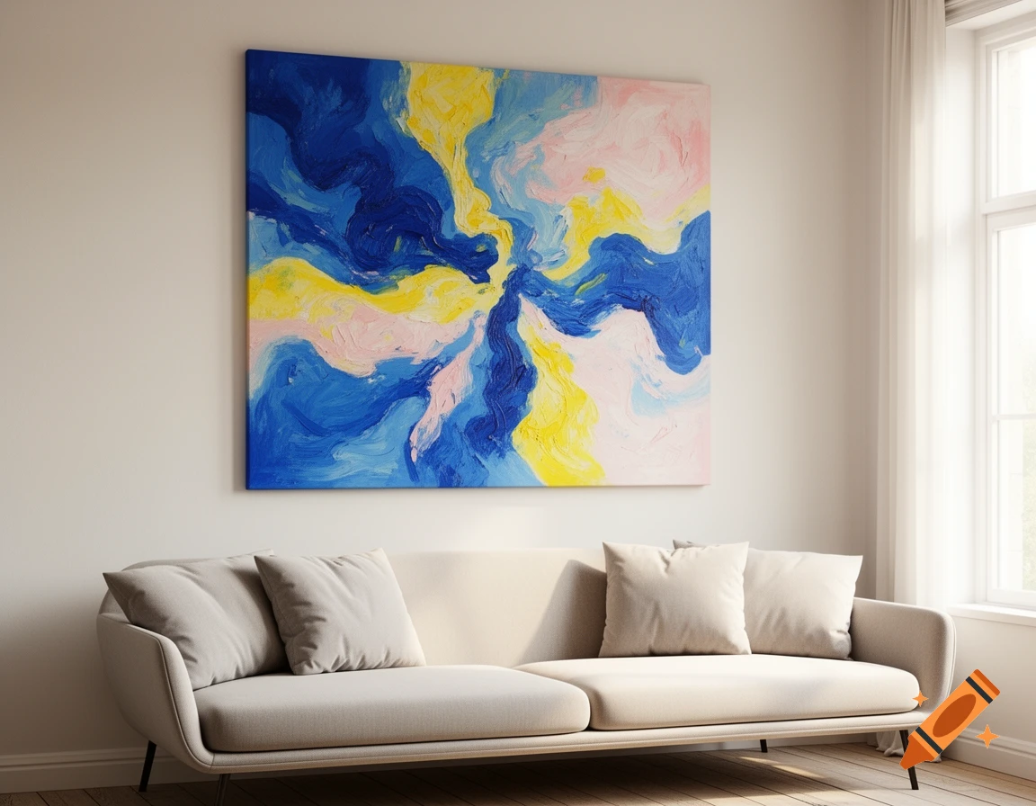 A modern living room with a beige sofa and a large abstract painting featuring blue, yellow, and pink colors on the wall.