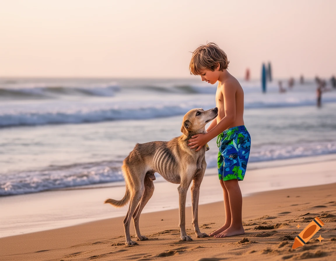 A young boy gently pets a very skinny dog on a sandy beach with ocean waves in the background.