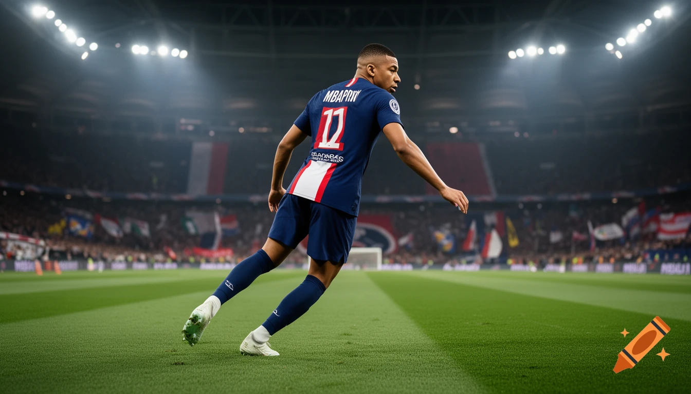Photorealistic image of Mbappé in a blue football jersey with number 17 on the back, running on a green field in a large stadium under bright lights.