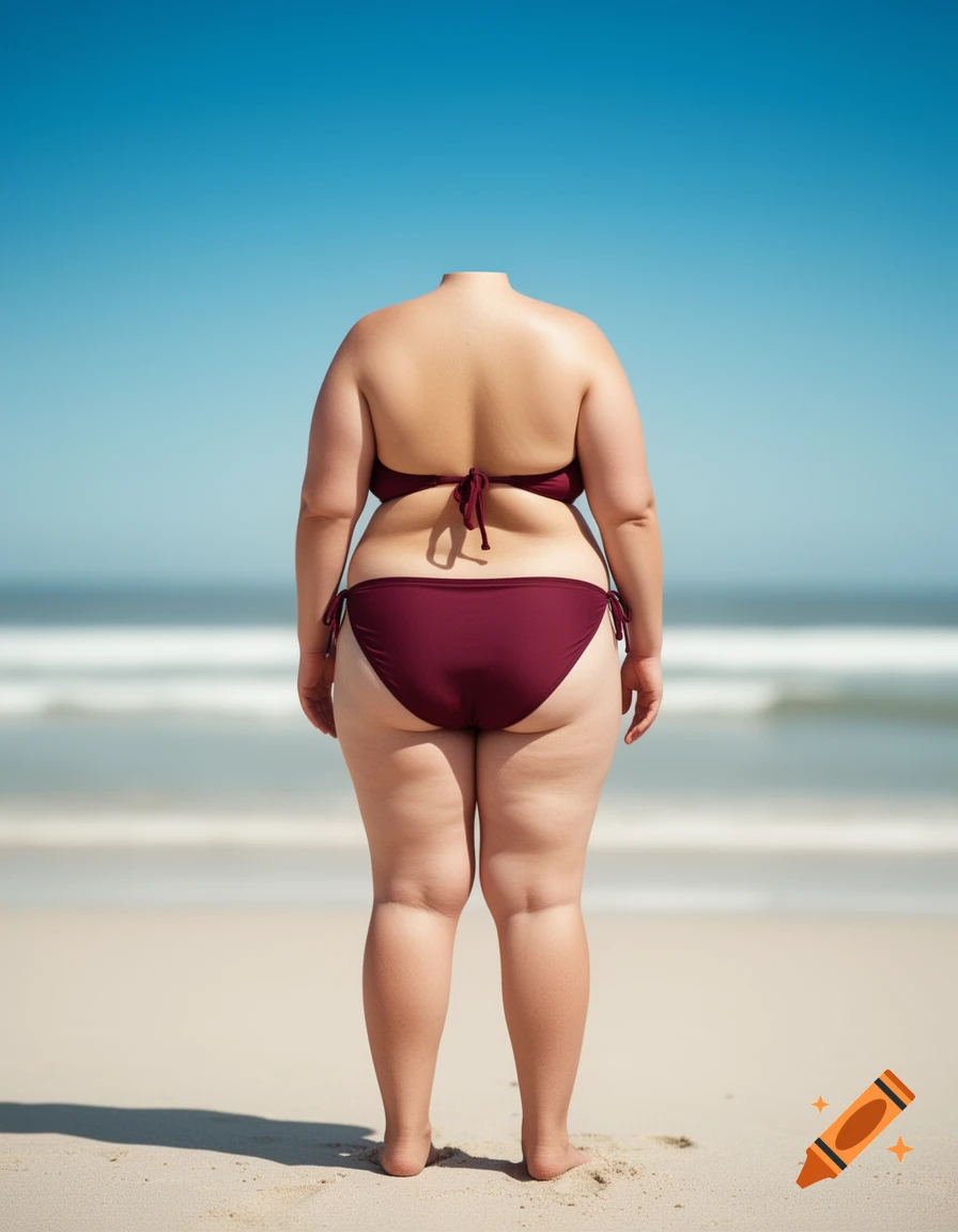 Rear view of a headless, plus-size woman in a burgundy bikini standing on a sunny beach with the ocean in the background.