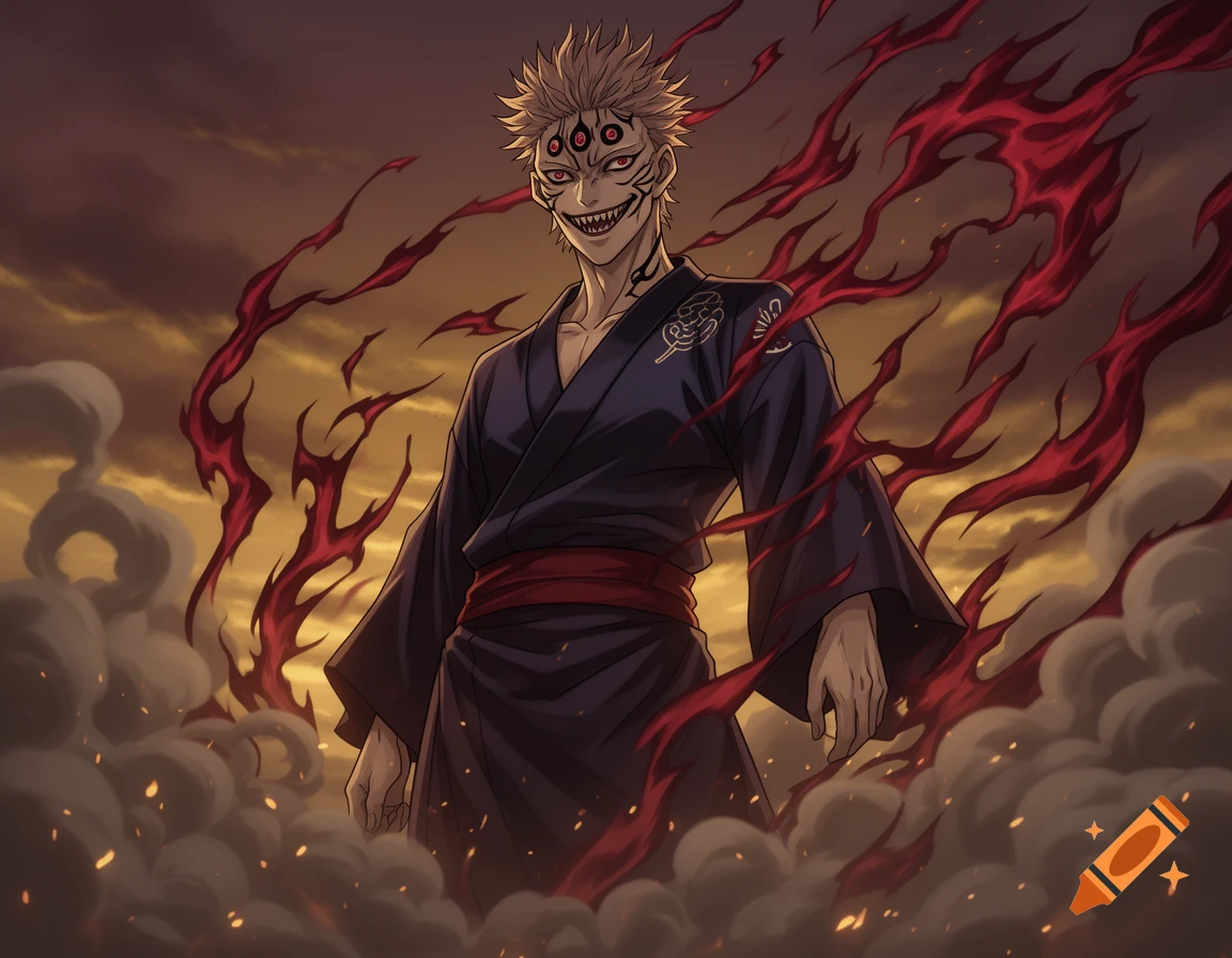 Anime depiction of Sukuna with multiple red eyes and sharp teeth, wearing a dark kimono, surrounded by red energy and smoke against a stormy sky.