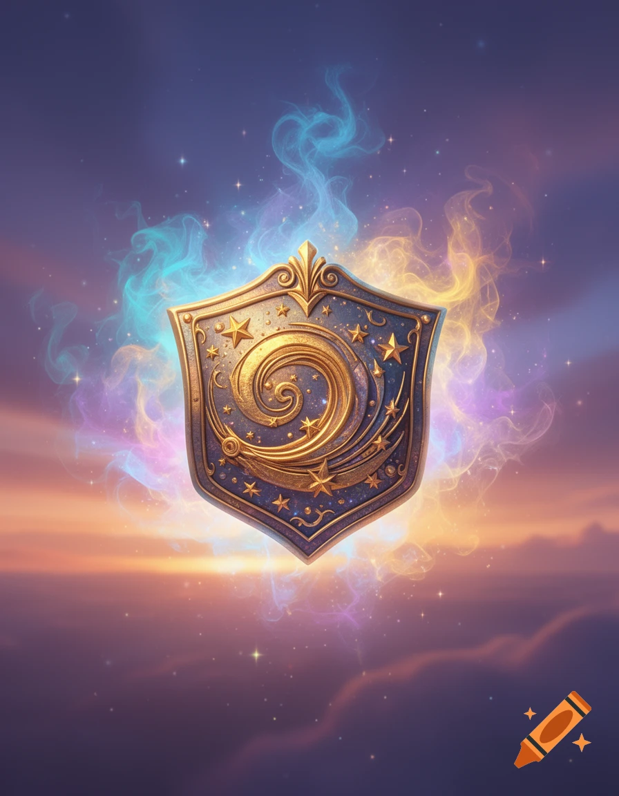 A stylized golden and blue shield adorned with stars and a crescent moon, enveloped in colorful magical smoke against a sunset sky.