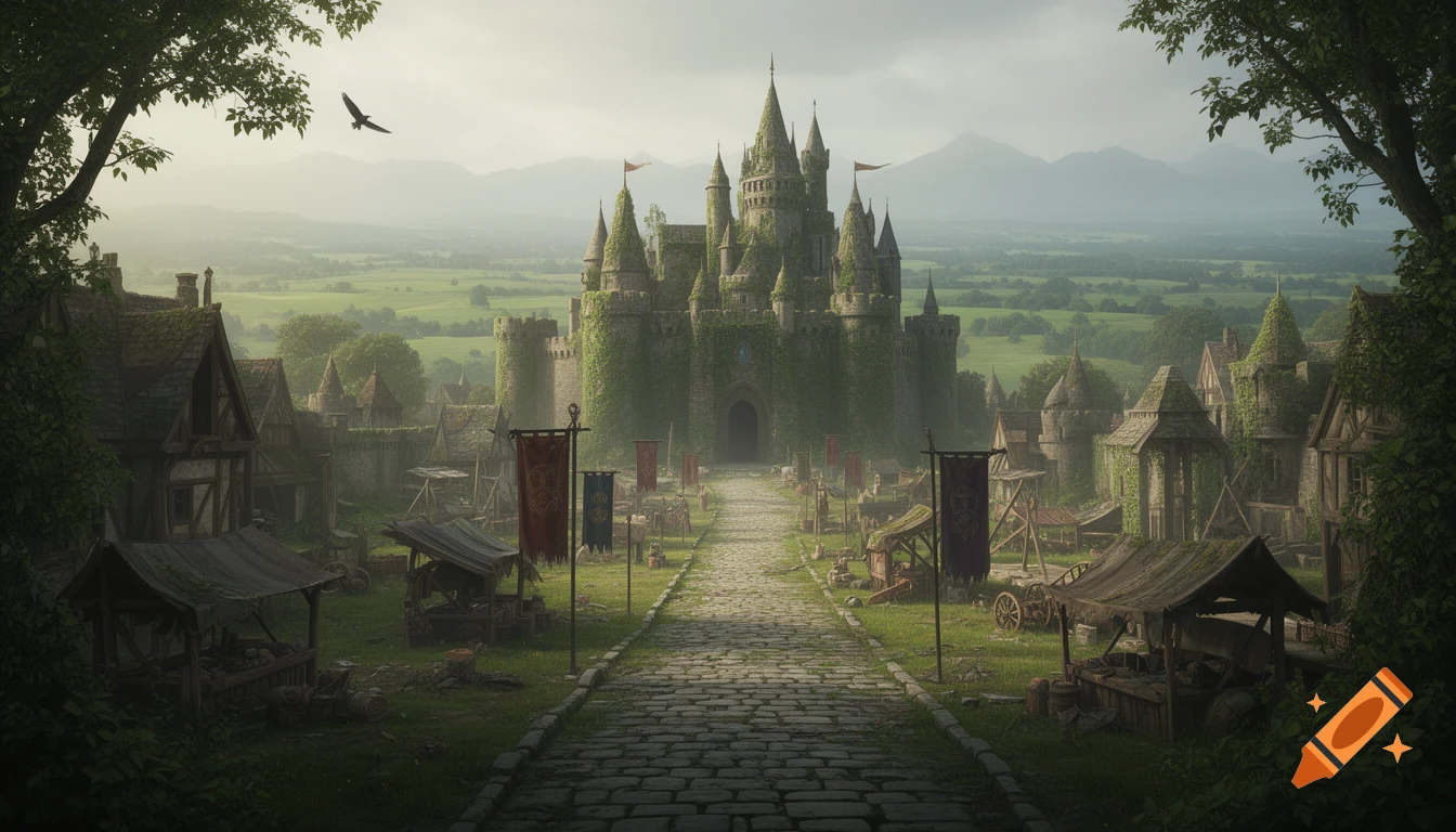 A cobblestone path leads to an ivy-covered medieval castle with flags, surrounded by a village with market stalls in a misty, green landscape.