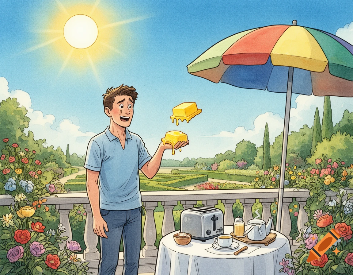 A comic-style illustration shows a man on a sunny terrace, melting like butter due to the heat, with floating butter blocks in his hand and a breakfast table nearby.