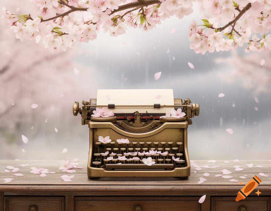 A vintage bronze typewriter sits on a wooden table adorned with pink cherry blossoms, under branches of blooming cherry trees.