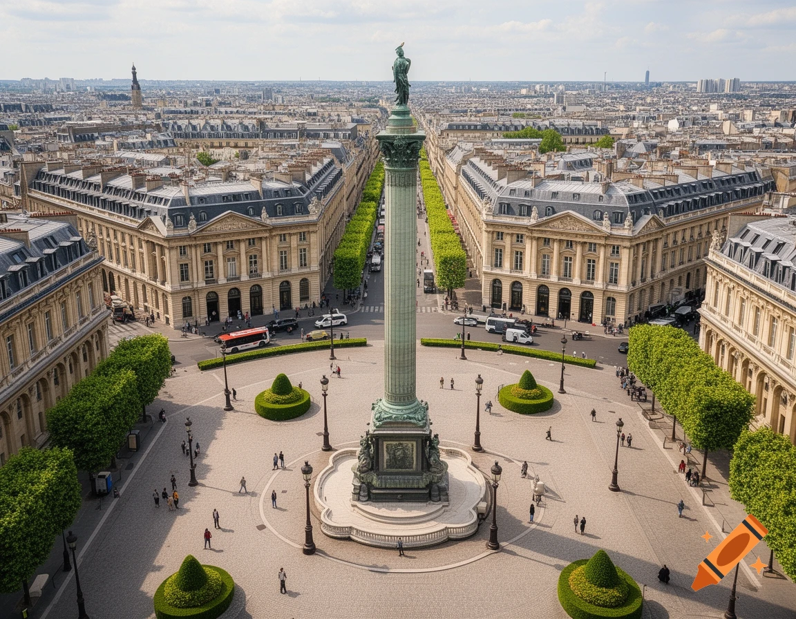 Aerial view of Place Vendôme in Paris, featuring a tall column, classical buildings, and people in the square.