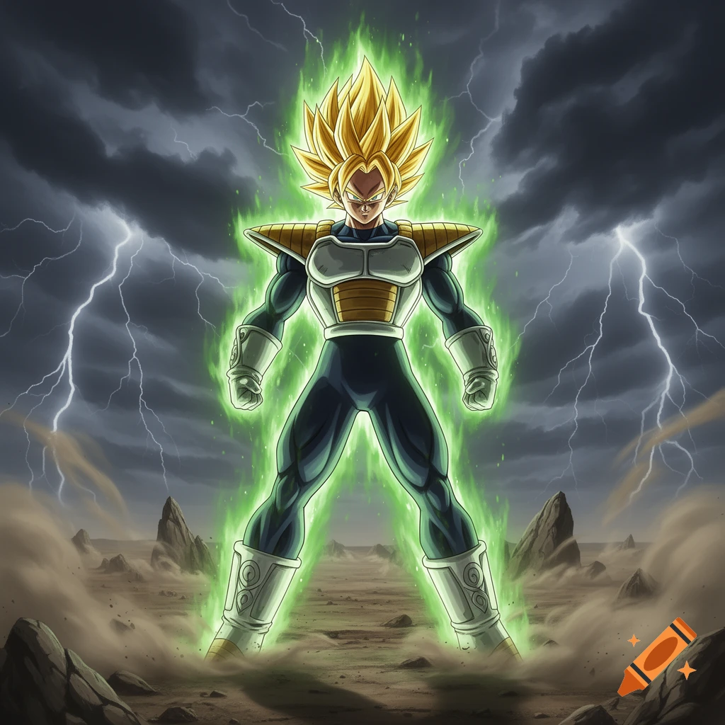 Anime character similar to Vegeta with golden hair and a strong green aura, standing in a stormy, lightning-filled desert.