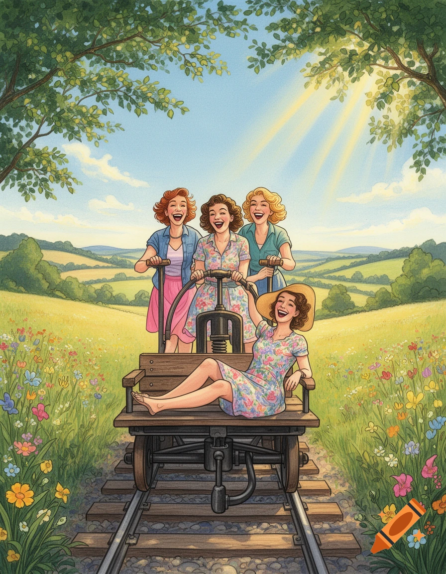 Four cheerful women on a draisine ride through a sunny, flower-filled countryside in a vibrant illustration style.