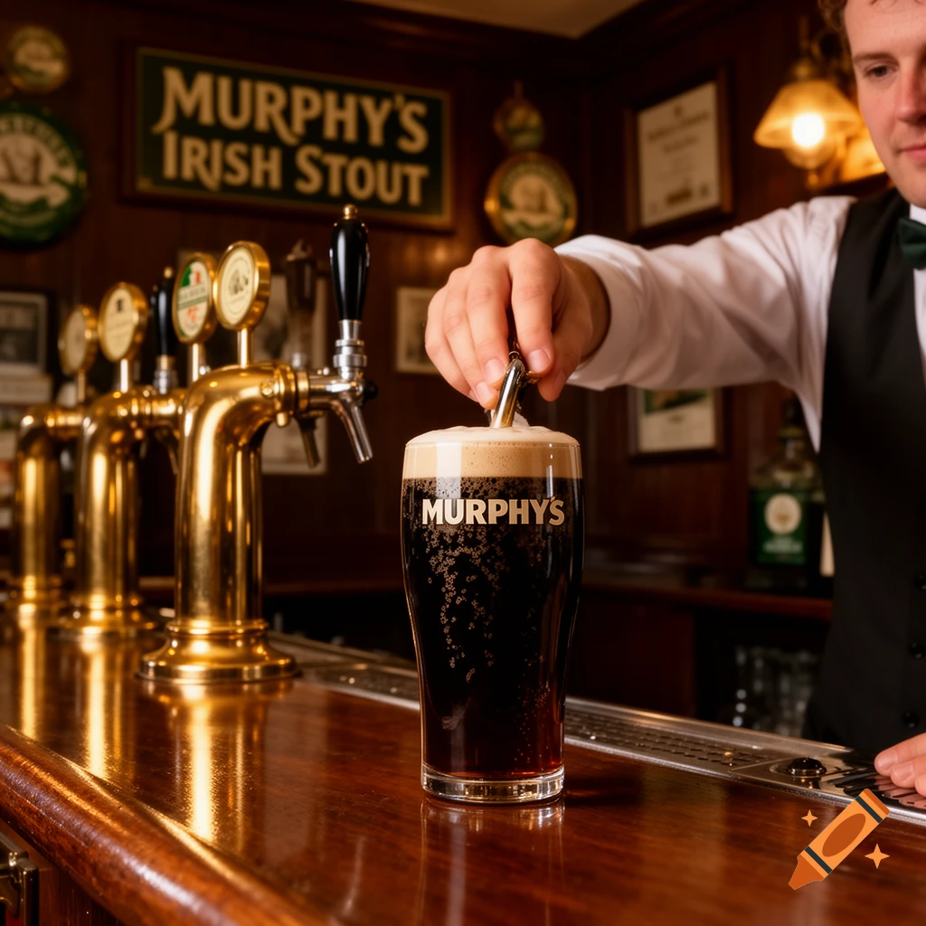 A bartender pours a pint of Murphy's Irish Stout from a tap into a glass on a polished wooden bar in a traditional pub setting, photorealistic.