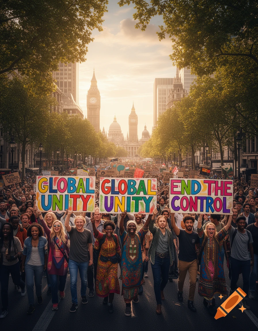 A diverse crowd marches down a street in London with Big Ben in the background, holding signs that read "GLOBAL UNITY" and "END THE CONTROL".