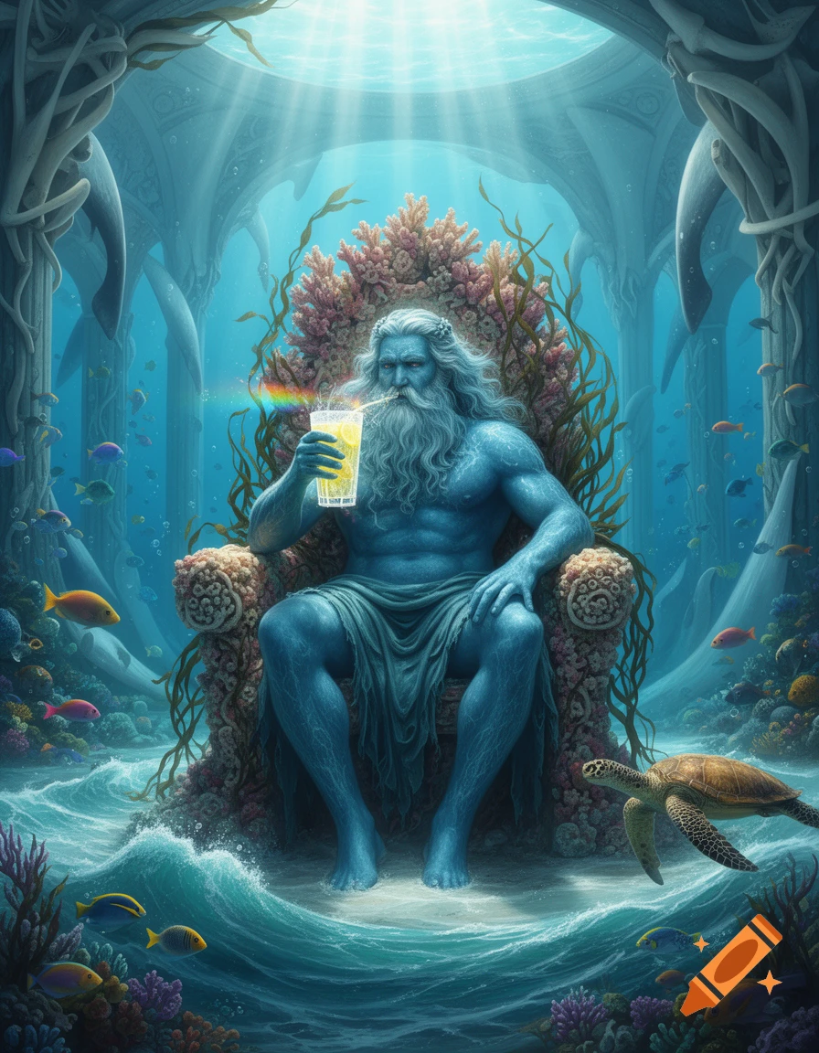 Blue-skinned Poseidon on a coral throne sips lemonade with a rainbow straw in a vibrant underwater realm with fish and a turtle.