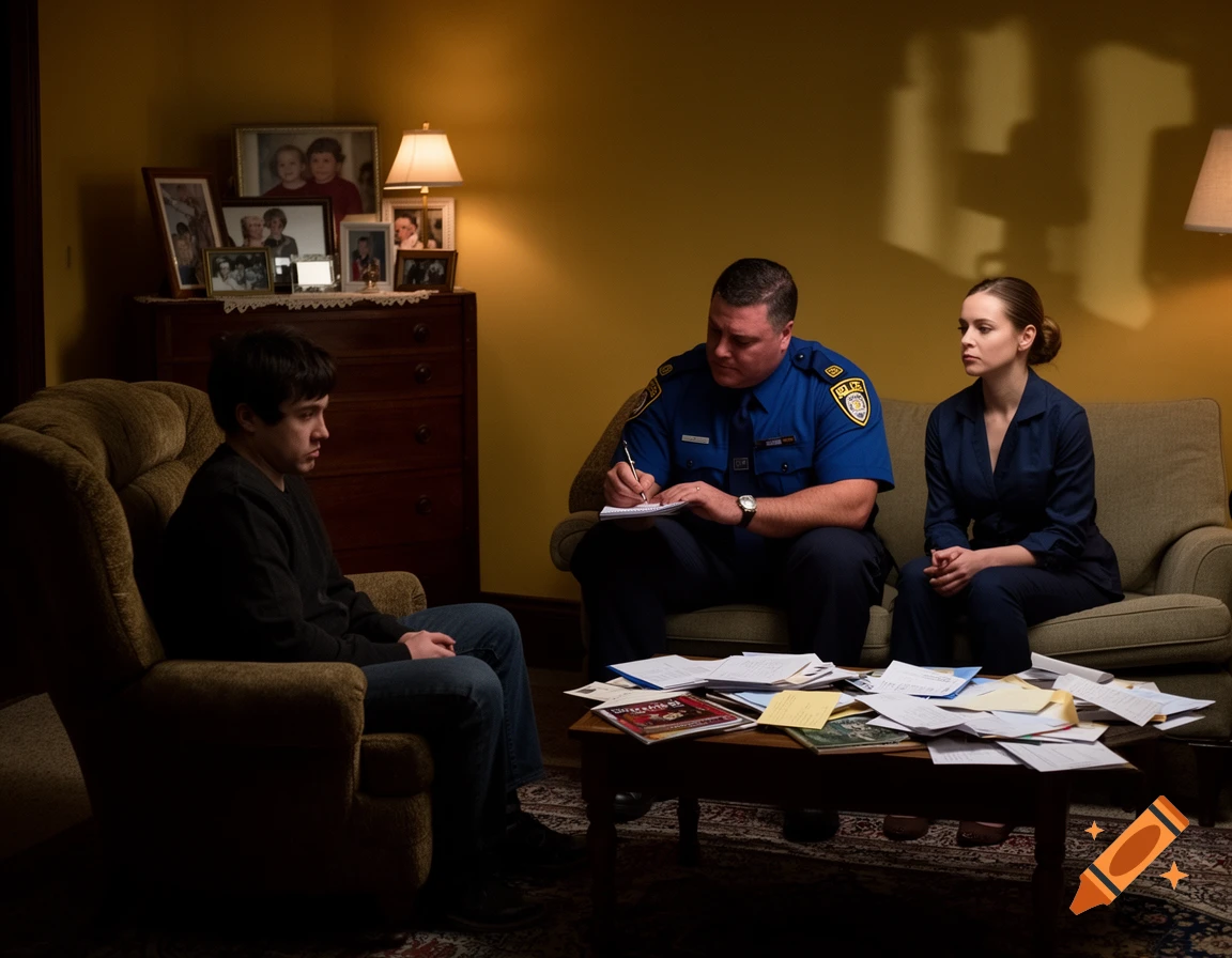 A photorealistic image showing a young man sitting in an armchair, while a police officer and a woman sit on a sofa, with the officer writing on a notepad in a dimly lit room.