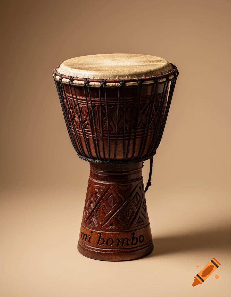 Photorealistic image of a wooden djembe drum with carved patterns and the text 'mi bombo' at its base against a light brown background.