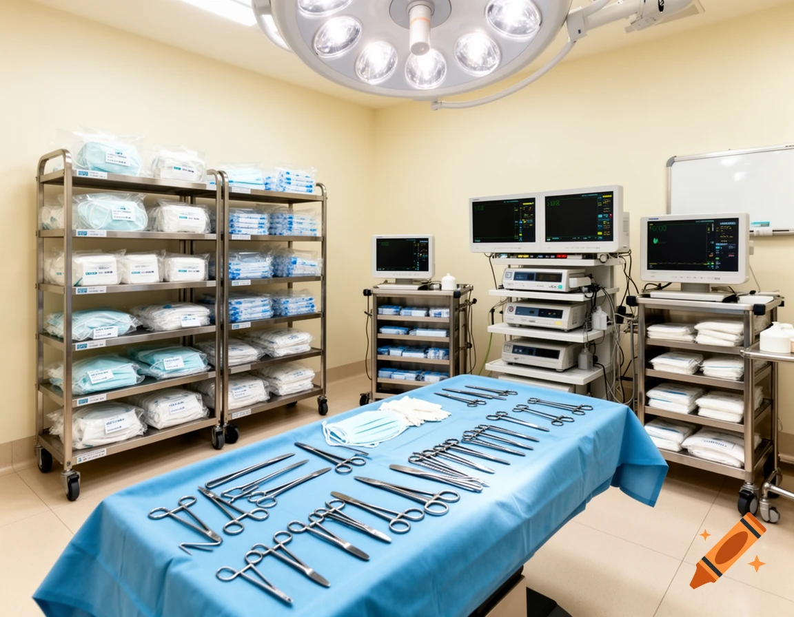A sterile operating room with surgical instruments on a blue draped table, packaged supplies on metal carts, and medical monitors under bright surgical lights.