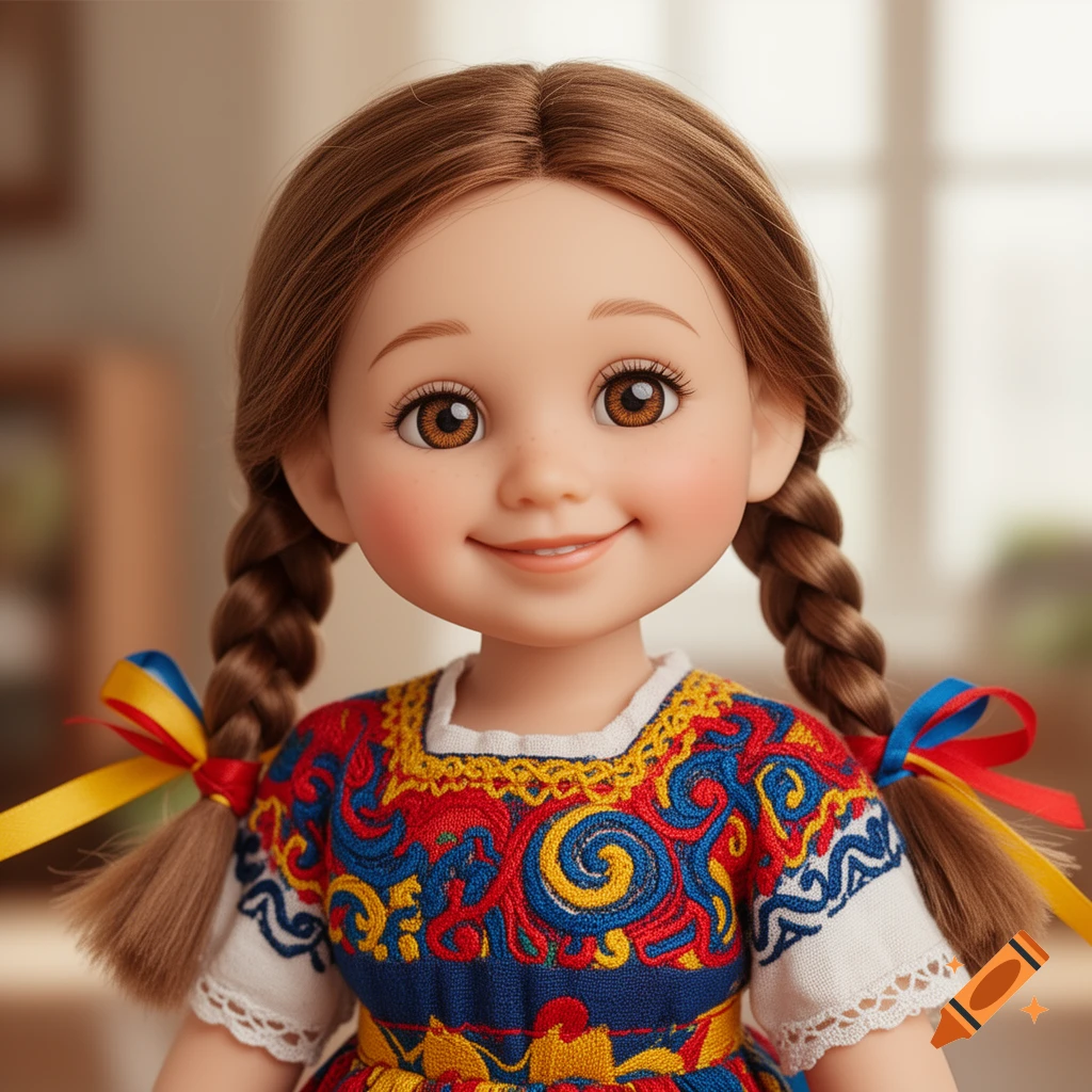 A photorealistic doll with braided pigtails, colorful ribbons, big brown eyes, and a smiling expression, wearing a vibrant embroidered folk dress.