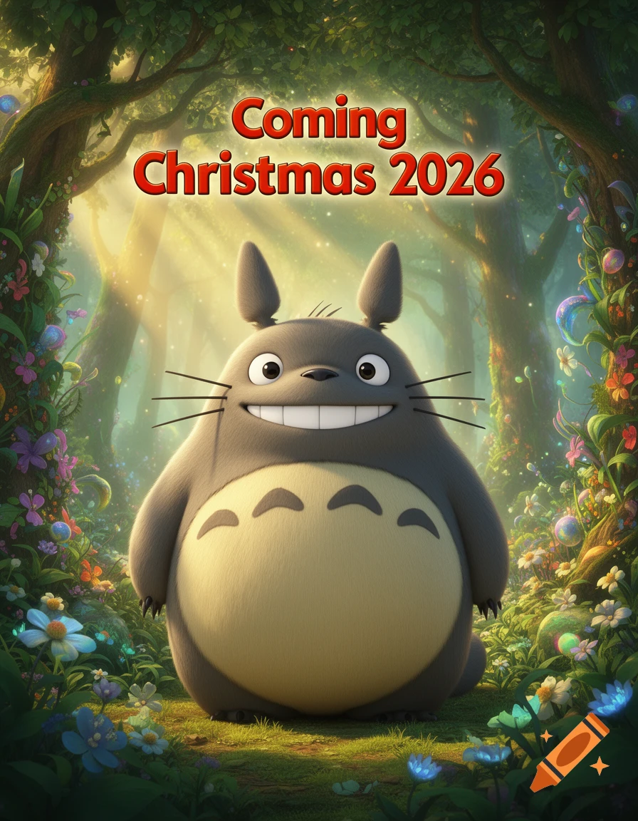 A cute Totoro character smiling in a magical forest, with "Coming Christmas 2026" text in red above it, like a movie poster.